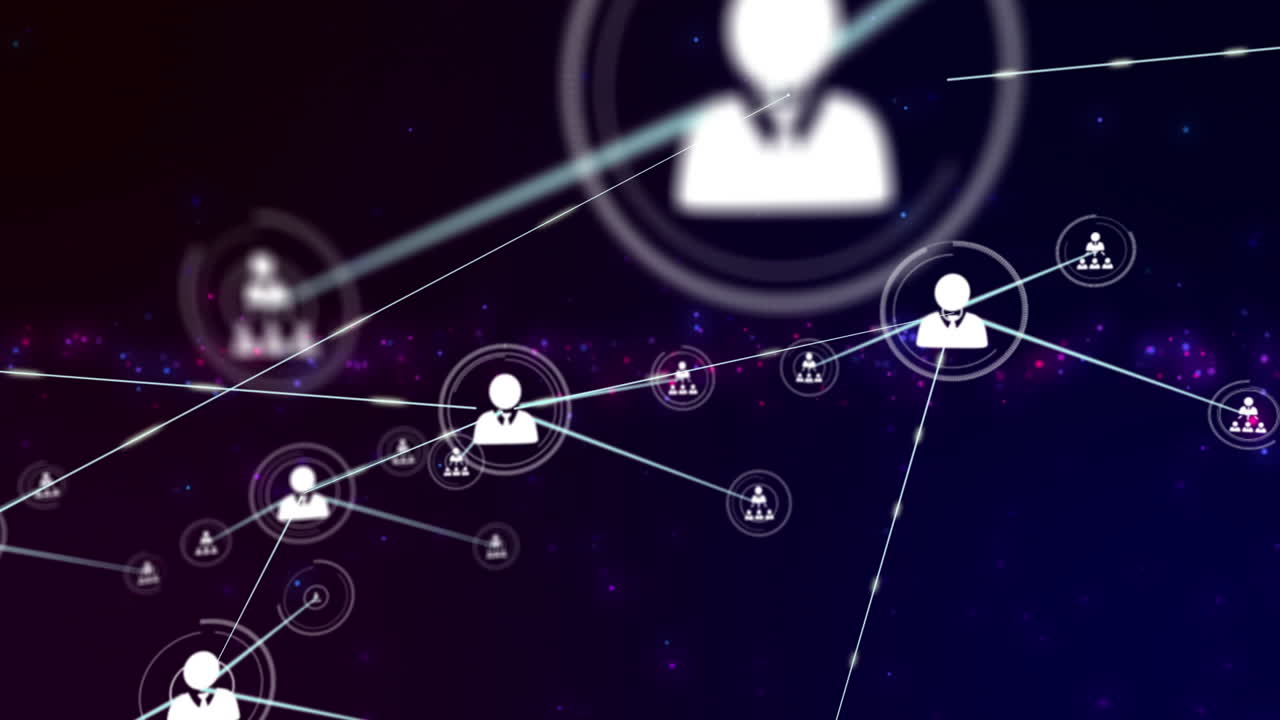 Animazione di una rete di connessioni di icone utente su sfondo viola