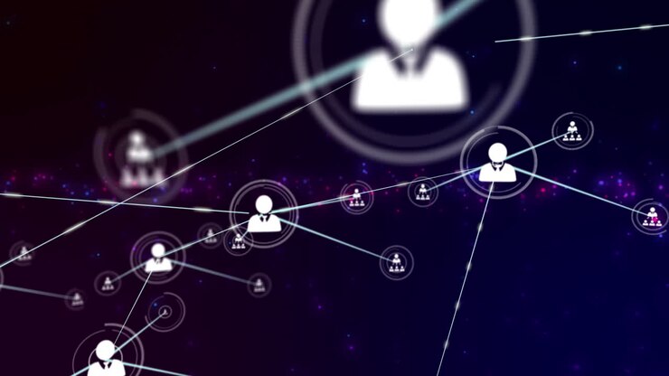 Animazione di una rete di connessioni di icone utente su sfondo viola