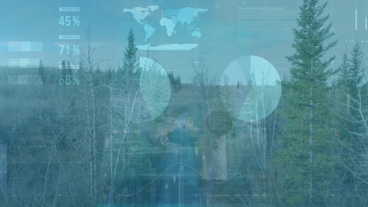 Global data analytics animation over forest landscape with trees and path