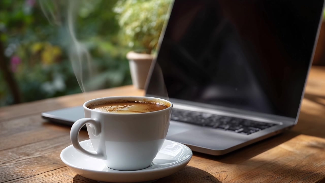 Taza de café humeante y portátil sobre una mesa de madera