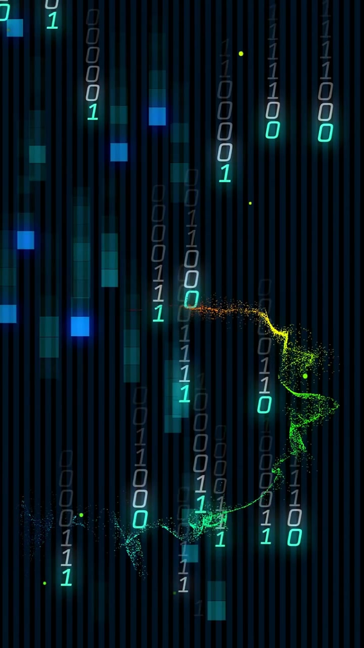 Vertical video: Yellow dots sparking binary streams falling, ribbon weaving, showing data flow