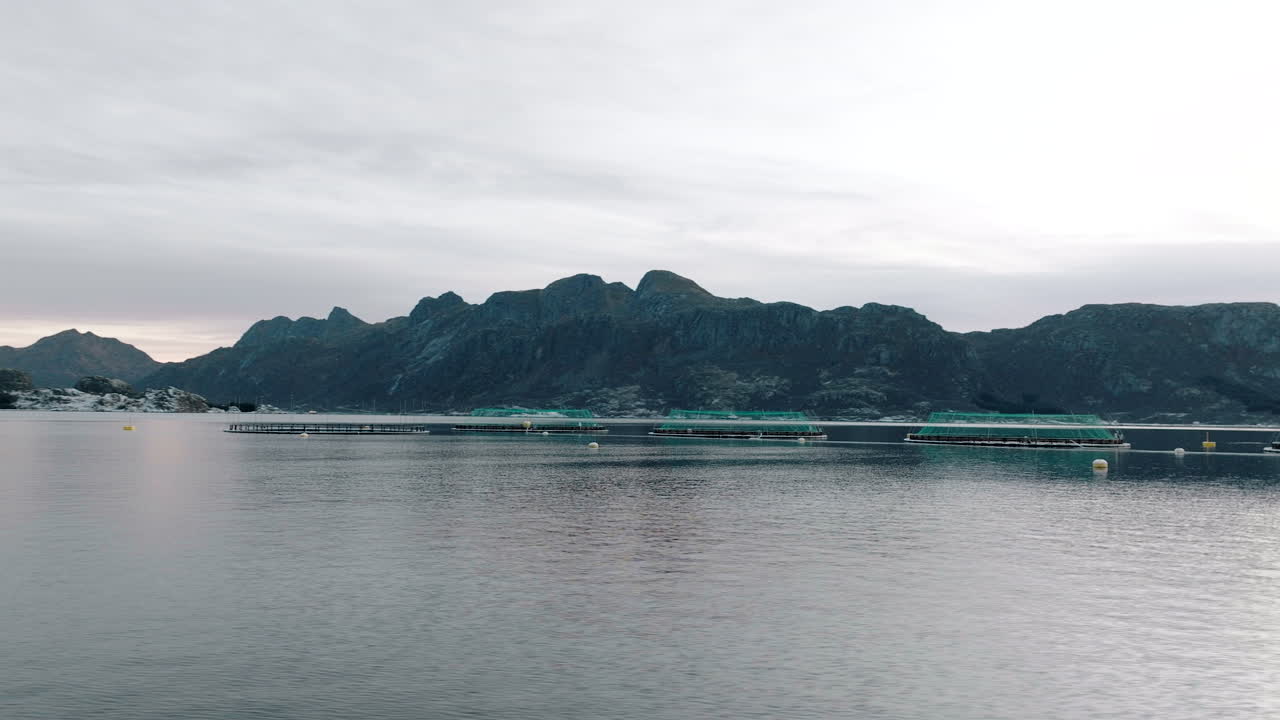 노르웨이 로포텐에 있는 바다의 양어장에 있는 연어 원형 어장