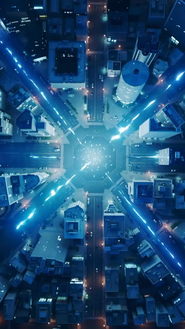 Vertical video: Pulling back drone showing octagon plaza city at night, to highlight blue beams