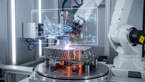 advanced robotic arm performing precision laser cutting on metal component with holographic data overlay in high-tech industrial environment