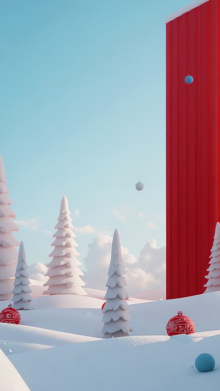 Vertical video: Decorating pine trees with descending grey, red, blue spheres in glade by red panel