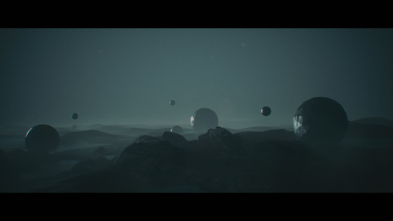 Alien planet desert landscape at night with strange sphere-shaped buildings