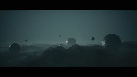 Alien planet desert landscape at night with strange sphere-shaped buildings