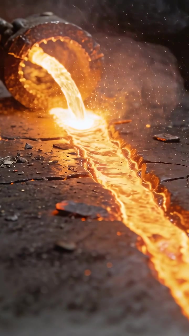 Video verticale: Mestolo che si inclina versando metallo fuso per riempire un solco su superficie incrinata, con scintille