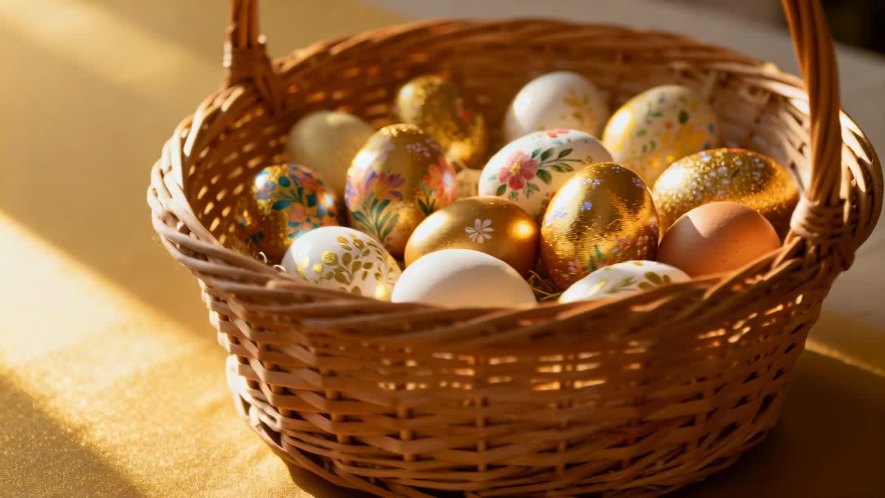 Pulling back camera revealing woven wicker basket on golden table near window, showing painted eggs