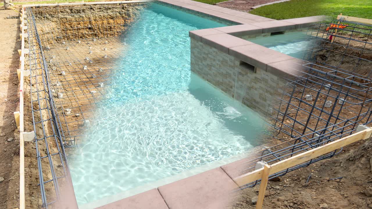 4k sømløs looping cinemagraph af swimmingpoolkonstruktion, der toner ud til en færdig pool