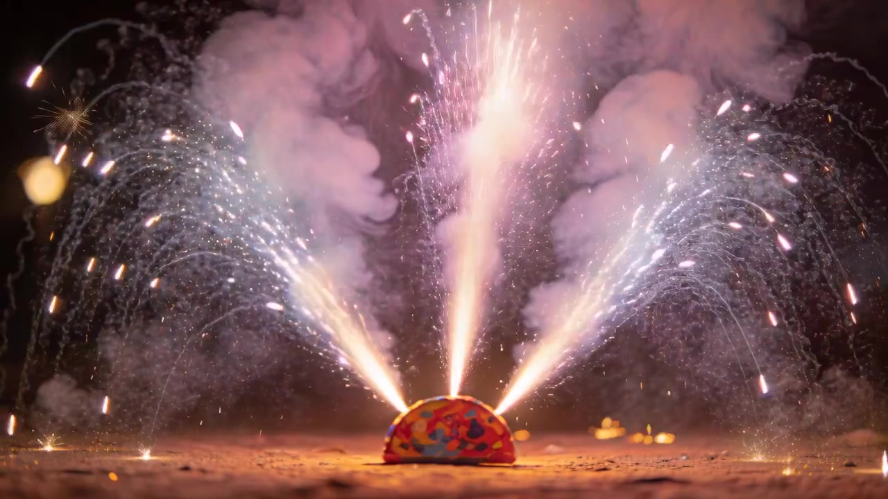 Igniting domed firework emitting three jets and arching sparks at night, creating spark fans