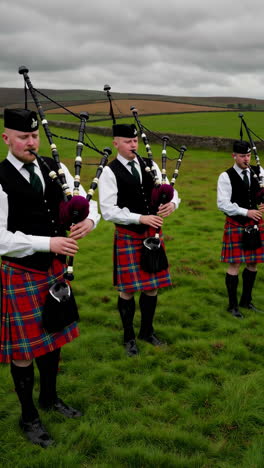 three scottish bagpipers in kilts playing in a green field