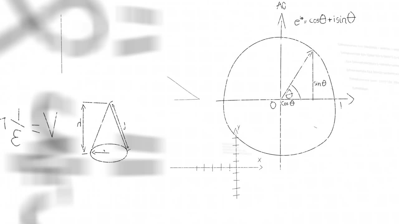 animación de ecuaciones matemáticas, diagramas y fórmulas que flotan sobre un fondo blanco