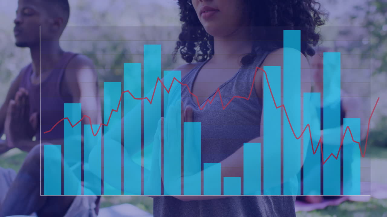 Meditating outdoors, people with data graph animation overlay in park