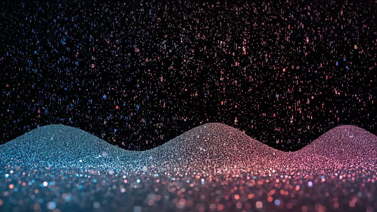 Playing sim, three glitter dunes rippling in dark studio void with falling cyan-mag specks for loop