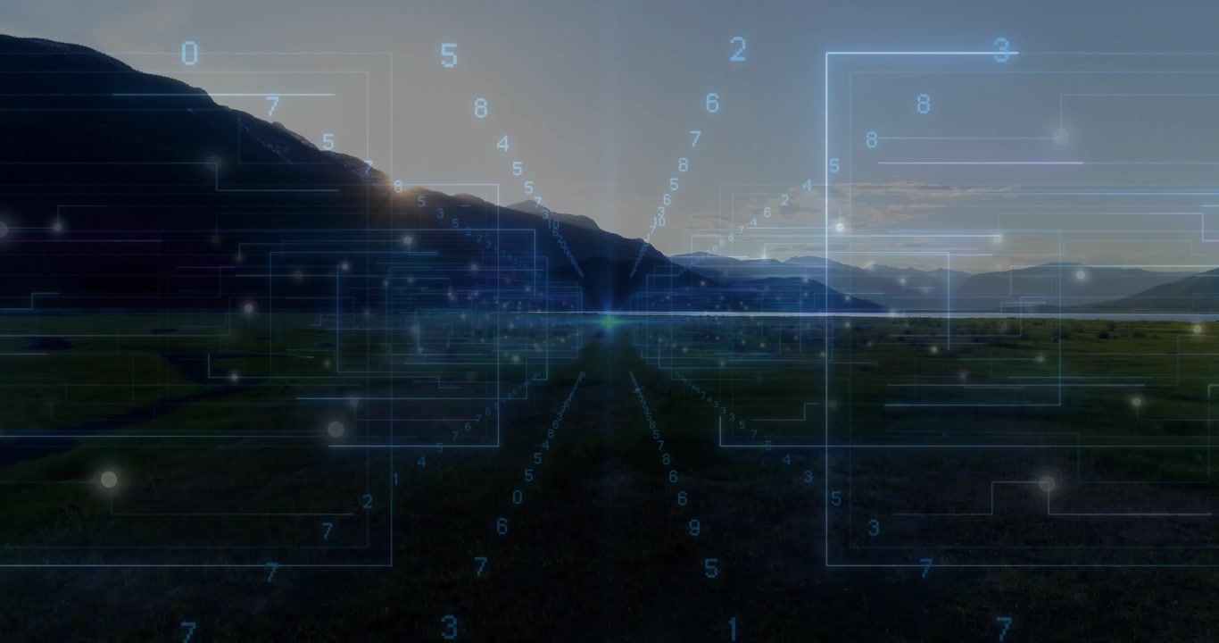Track cutting dusk valley initiating overlay forming grid numbers clustering into 3D data network