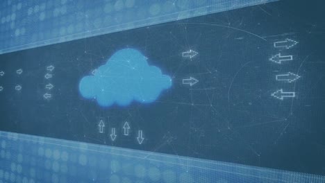 animación de la red de conexiones iconas de nube y flecha en fondo negro