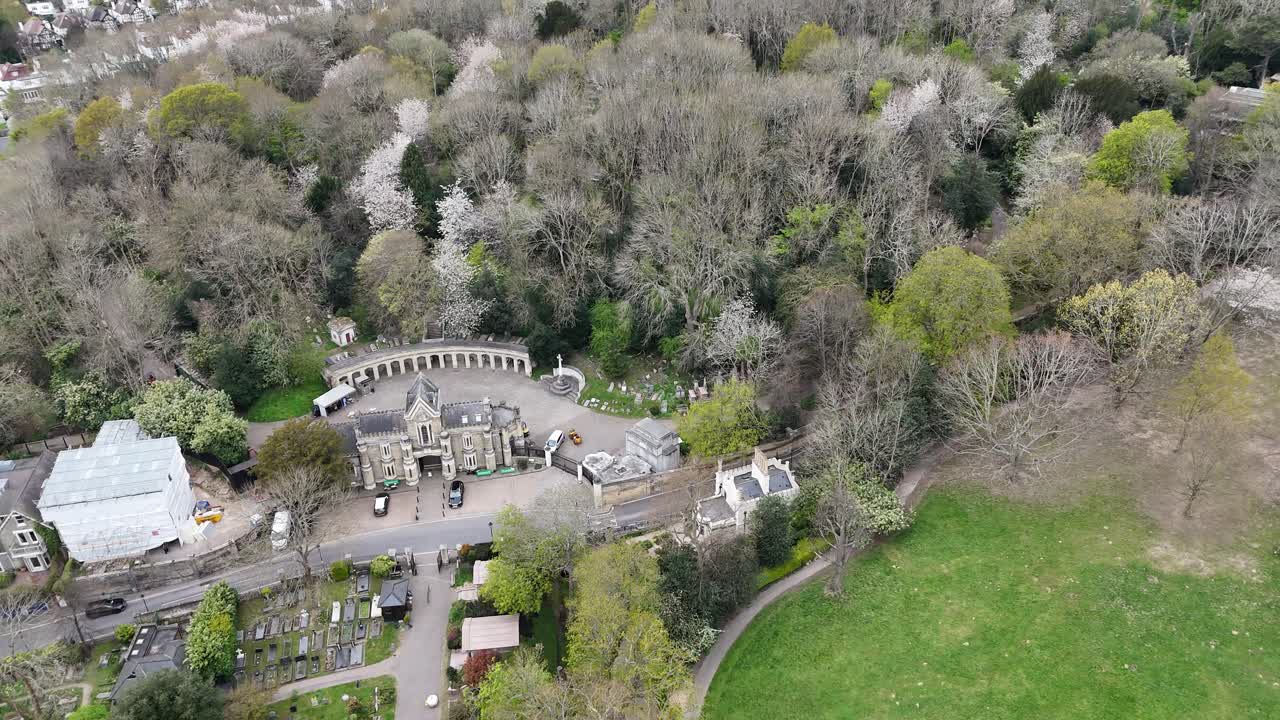 Highgate cemetery London UK overhead drone aerial view