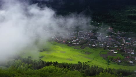 aerial: mestia township in zemo svaneti, georgia caucasus mountains, 4k view