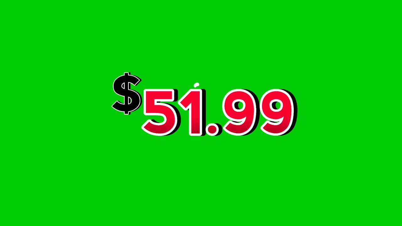 Grafica in movimento con animazione di un cartellino del prezzo di 51,99 dollari con numeri rossi in grassetto su sfondo verde con effetti di fumo. Il simbolo del dollaro è ben visibile, perfetto per promozioni, annunci, banner, marketing