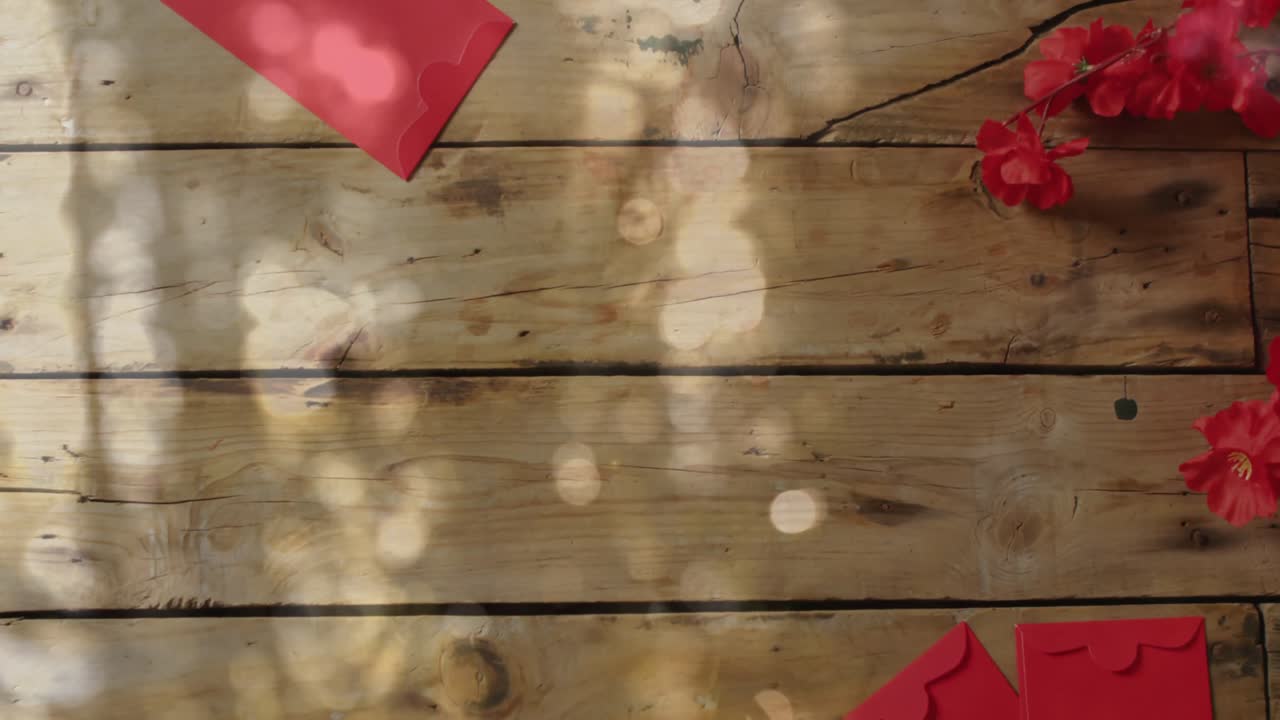 animación de decoraciones tradicionales chinas con puntos de luz brillantes.