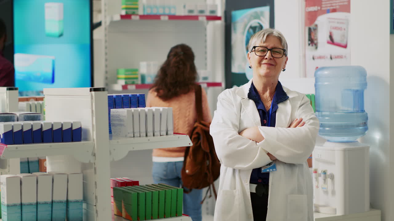 Pharmacist assisting customer in pharmacy