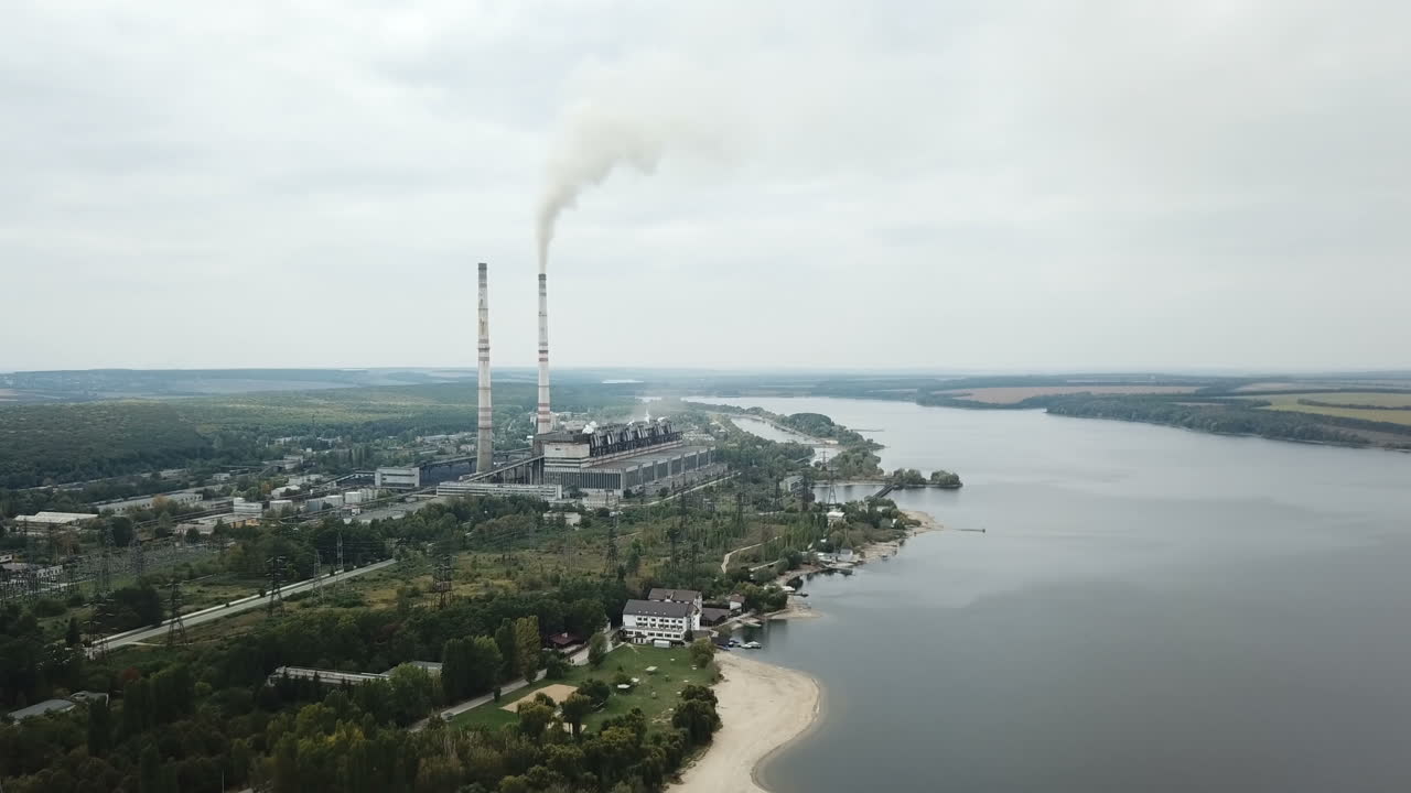 Aerial shot of the heating plants over the river