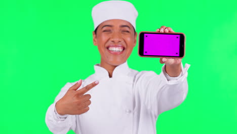 Woman-face,-chef-and-phone-on-green-screen