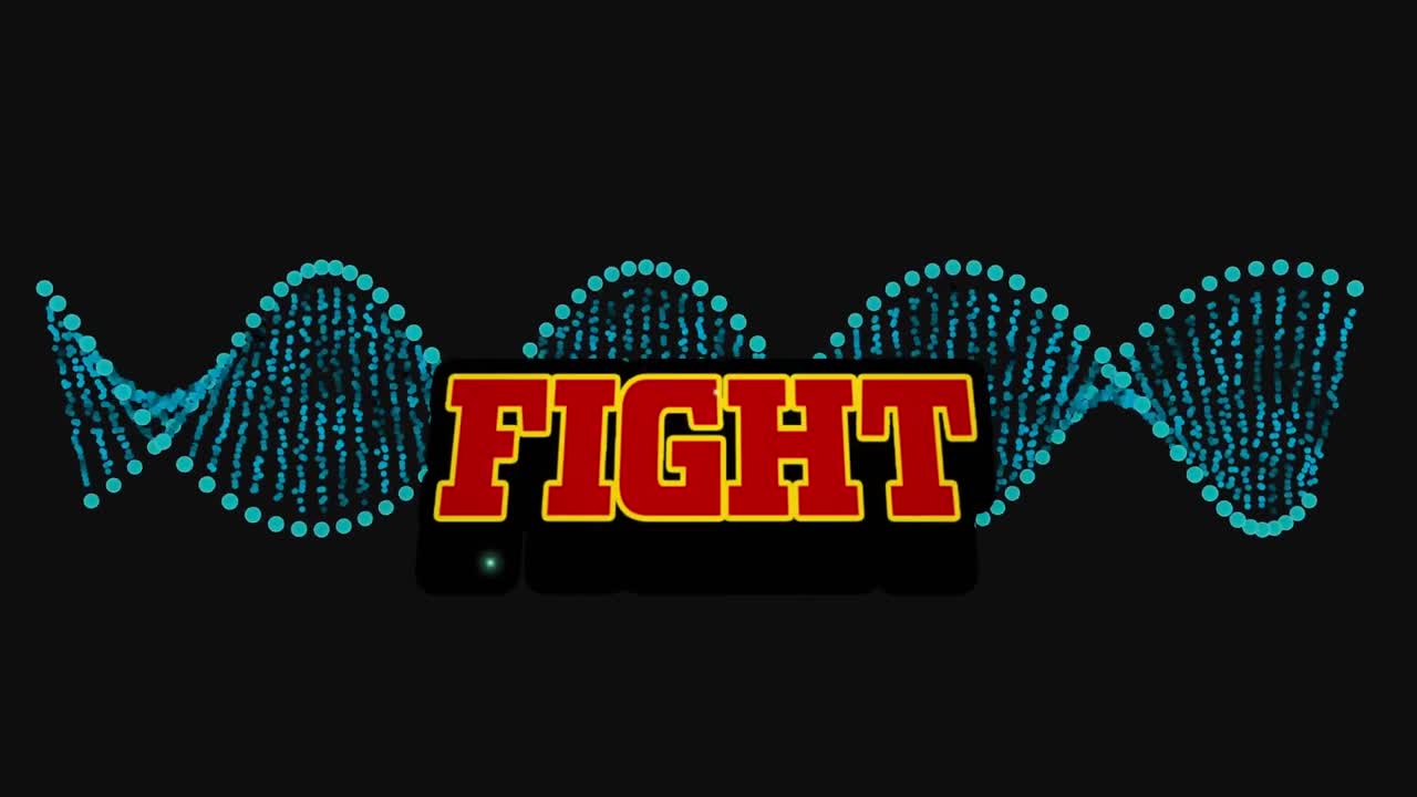 녹색으로 회전하는 dna 가닥 위에 싸우는 텍스트의 애니메이션