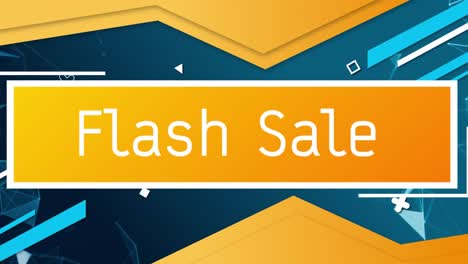 animation of flash sale text in white on orange banner over blue background with moving shapes