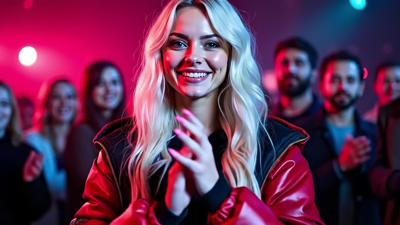 A woman in a red jacket clapping in front of a group of people