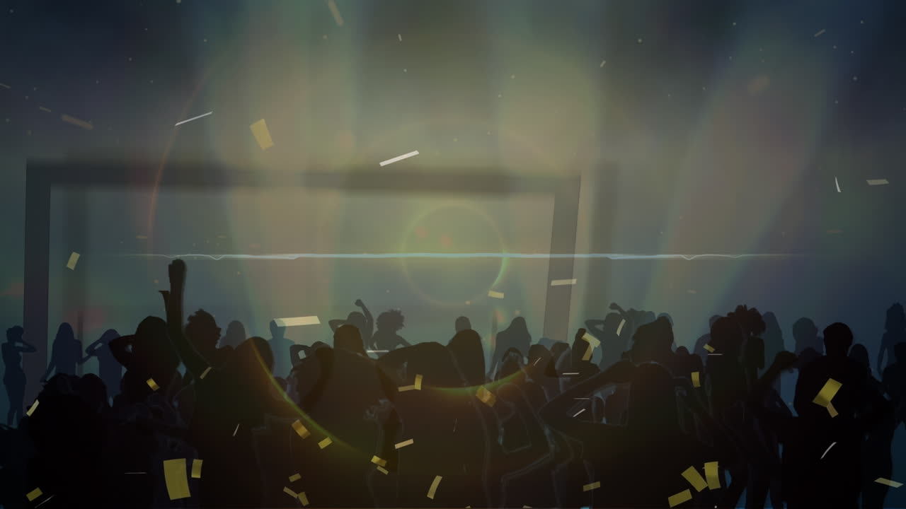 어두운 배경 에 춤추는 사람 들 위 에 낙하 하는 콘페티 의 애니메이션