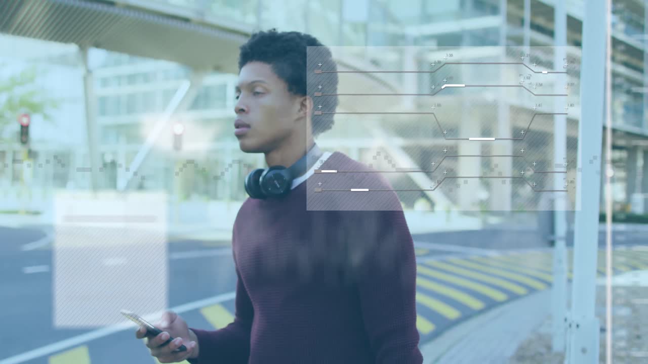 Animation of data processing over african american man using smartphone