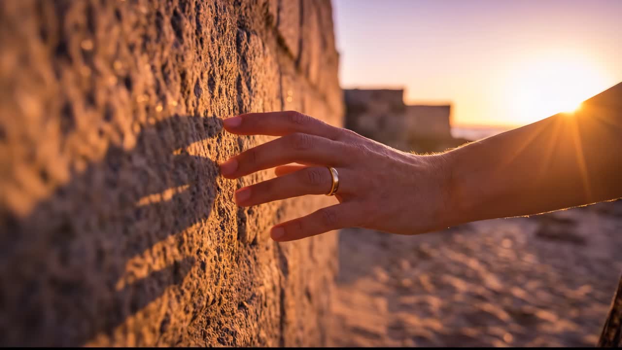 Mano che tocca delicatamente un muro di pietra grezza durante l'ora d'oro