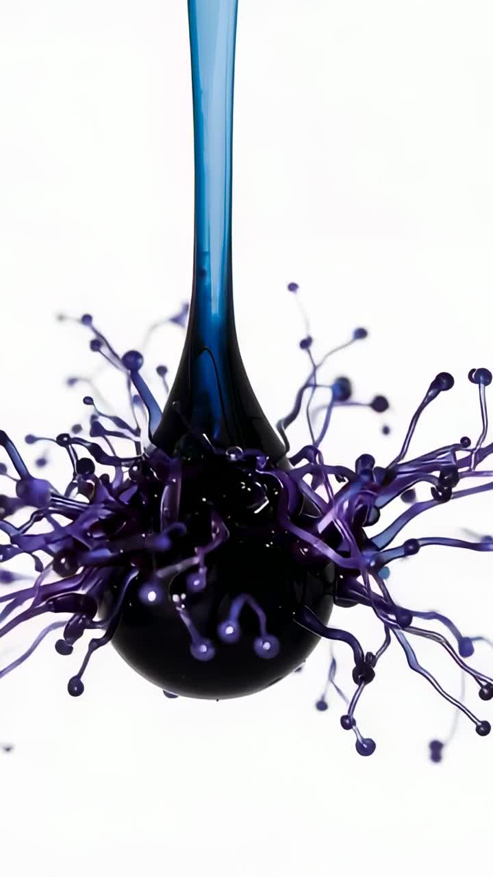 Vertical video: Falling blue column hitting black core in studio forming purple tendrils on impact