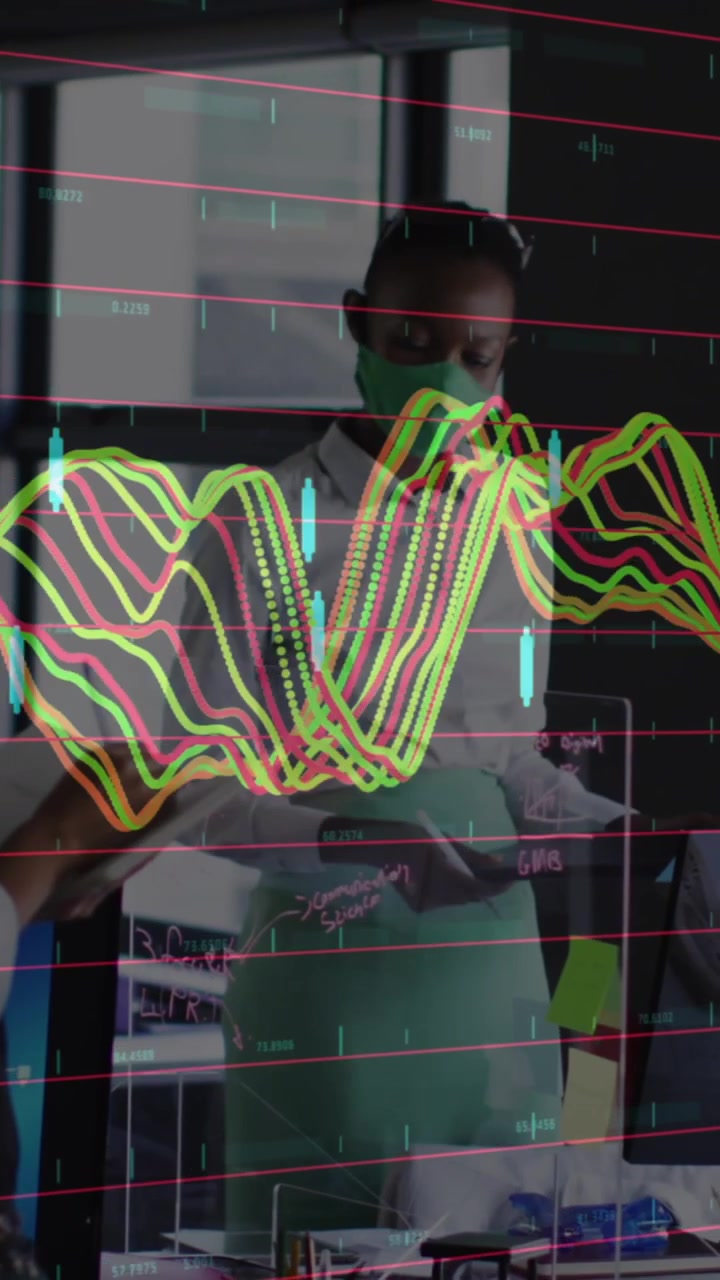 Animation of financial data processing over diverse business people wearing face masks