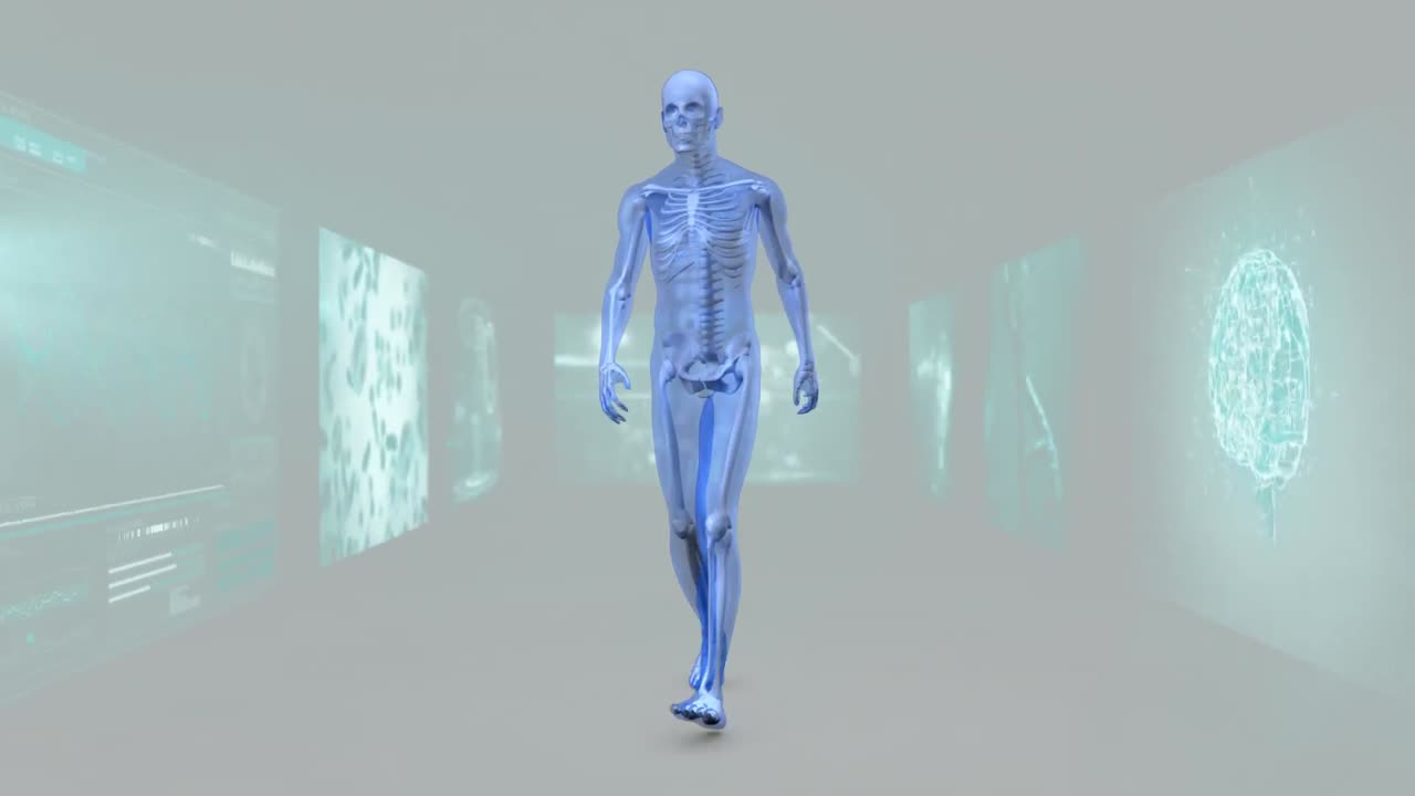 animación de un hombre 3d que camina y gira con la pantalla del científico