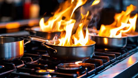 a group of pots and pans on a stove with flames coming out of them