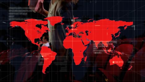 animación del procesamiento de datos de covid 19 con el mapa del mundo sobre las personas en el cine