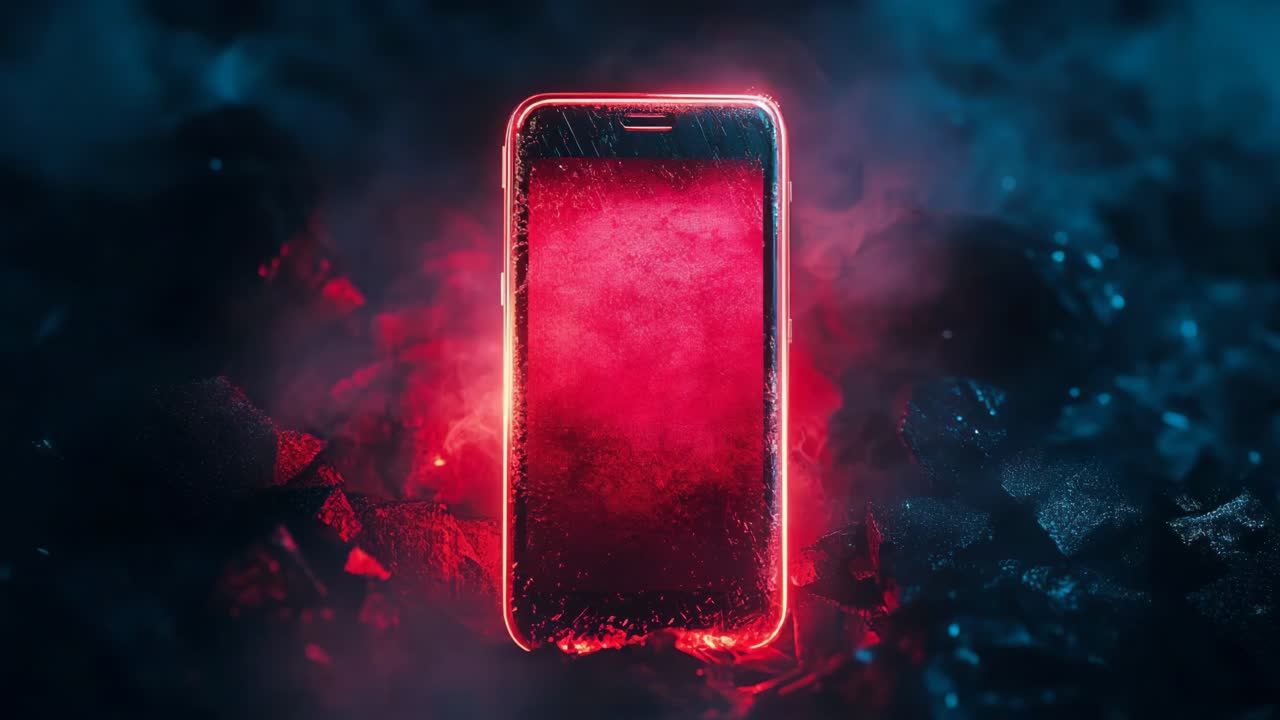 modelo de teléfono inteligente de neón en rocas de fuego