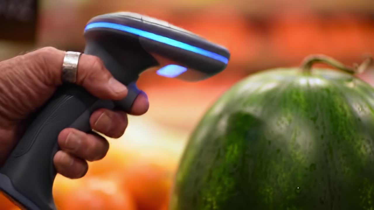 Scanning Fresh Watermelon with a Handheld Barcode Scanner: A Close-Up on Grocery Technology in Action and Modern Agricultural Practices