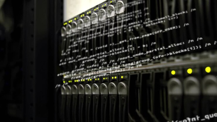 Animation of data processing over close up of computer server