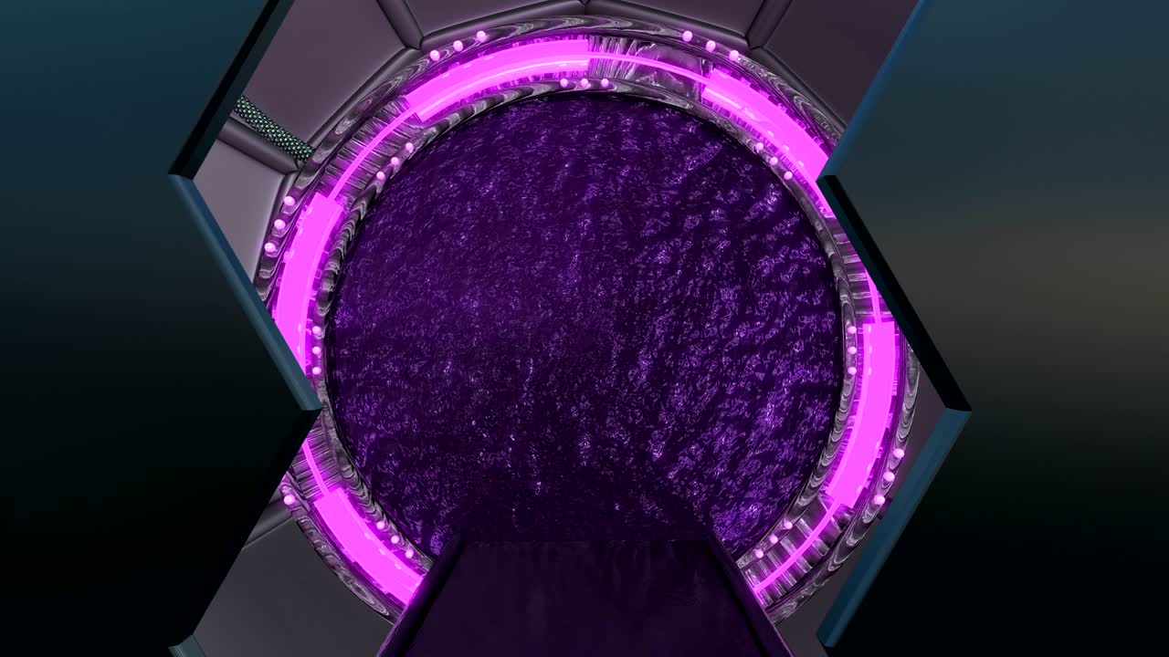 la escotilla de hierro abre una vista panorámica a la escena del paisaje de la nave espacial. fondo abstracto 3d de corredor de ciencia ficción con portal. tecnología futurista abstracto vj para títulos tecnológicos y fondo.