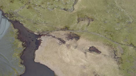 volando sobre las piscinas de agua llenas de sedimentos marrones en el borde del campo de lava de eldhraun