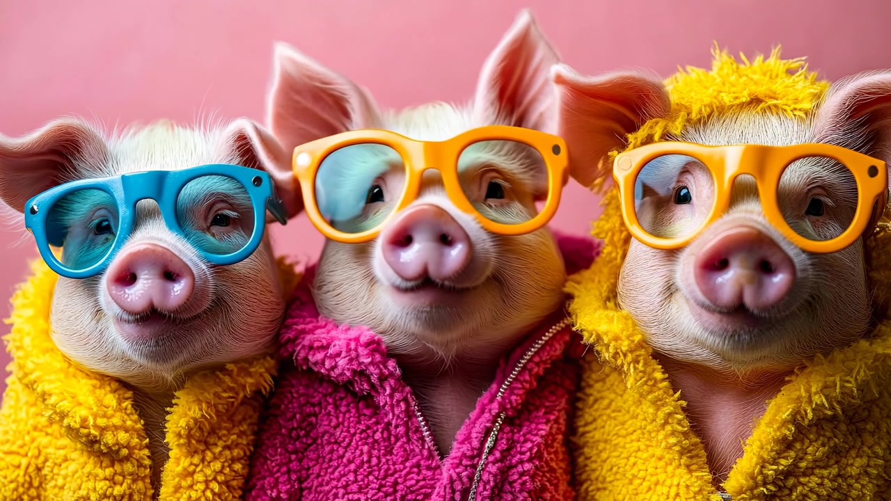 Drei Hausschweine tragen bunte Brillen und Jacken. Nahaufnahme von vorne von drei rosa Schweinen, die gelbe, rosa und orangefarbene Jacken mit passenden bunten Brillen tragen.