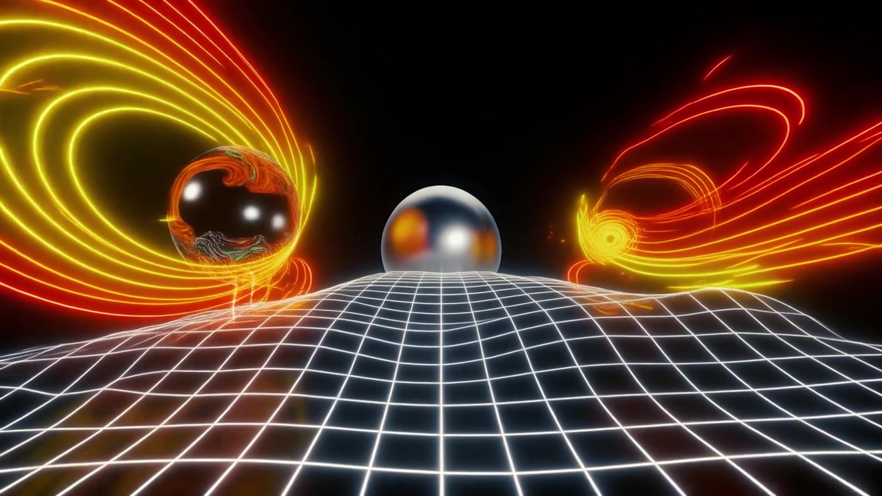 Abstrakt 3D-animation af kugler og glødende lysspor på et gitter