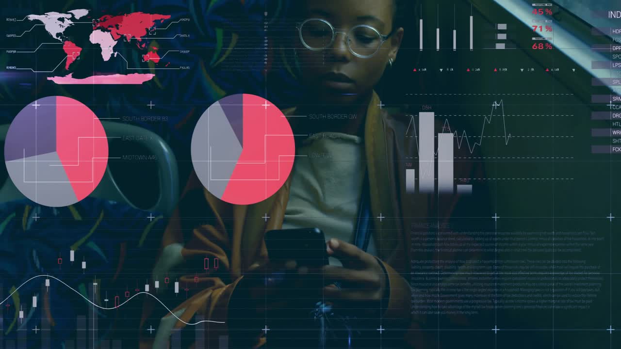 Female commuter retrieving device and tapping financial data on bus as transparent charts shifting