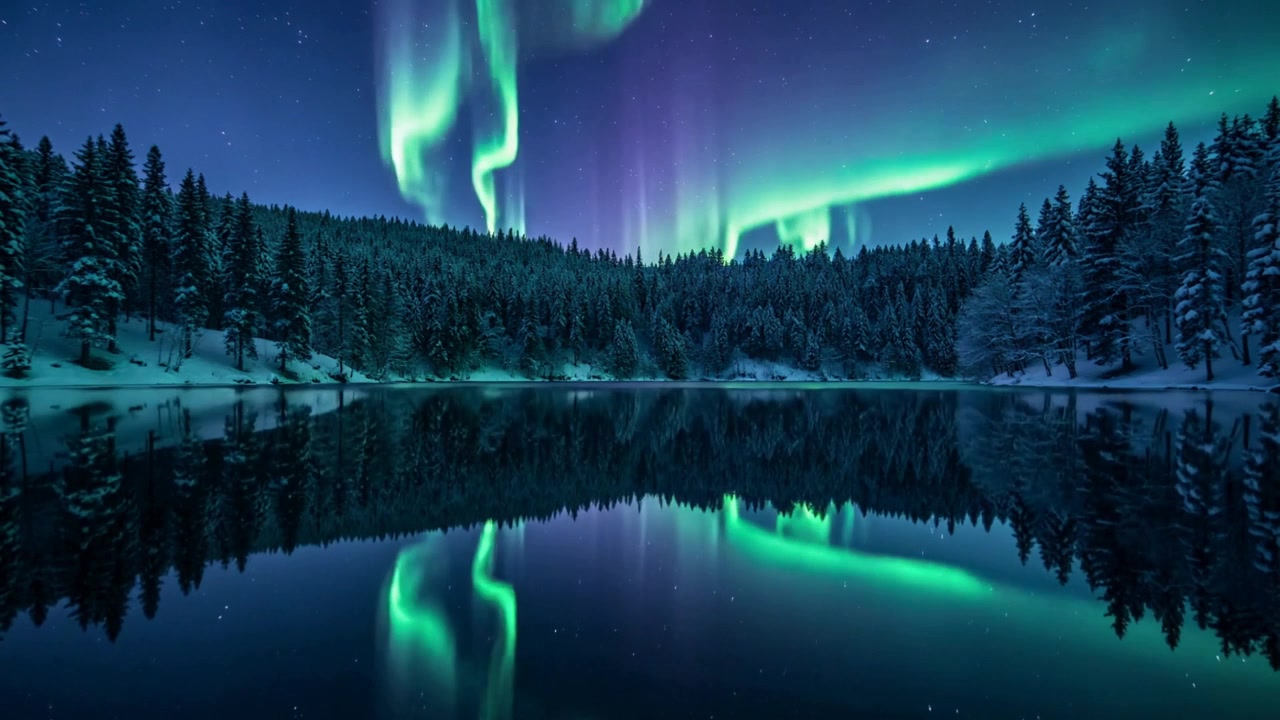 Tanzende Polarlichter über schneebedeckter Baumgrenze, spiegeln sich auf ruhigem See in klarer, kalter Nacht.