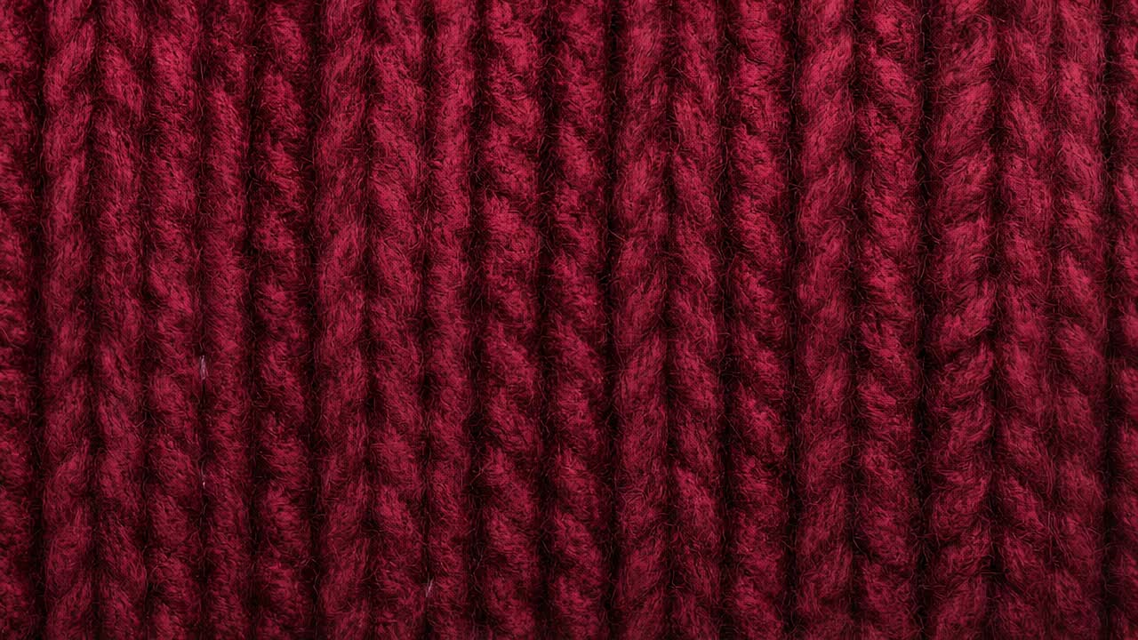 Spostamento dell'obiettivo della fotocamera per rivelare una maglia a coste bordeaux in studio per studiarne la texture, mostrando la peluria del filato