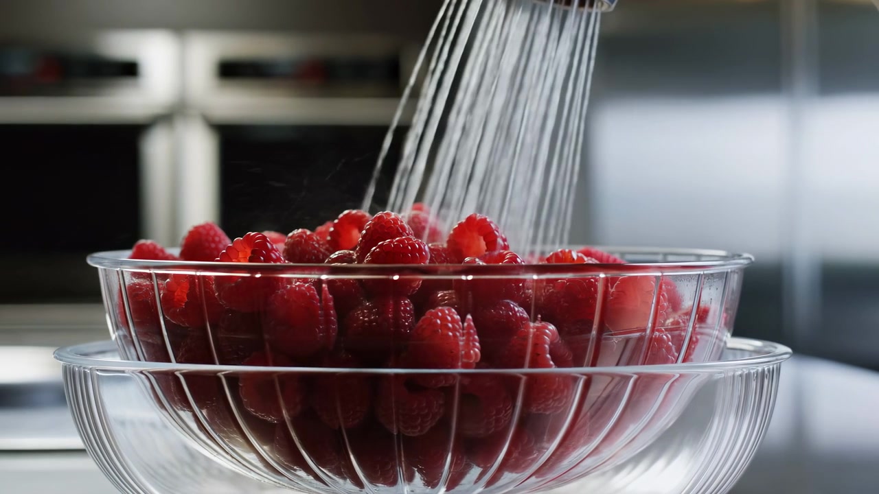 Close-up motion of ripe red raspberries in stacked transparent bowls being rinsed by downward water spray, showing fresh texture, wet shine, droplets, soft reflections, and clean kitchen background